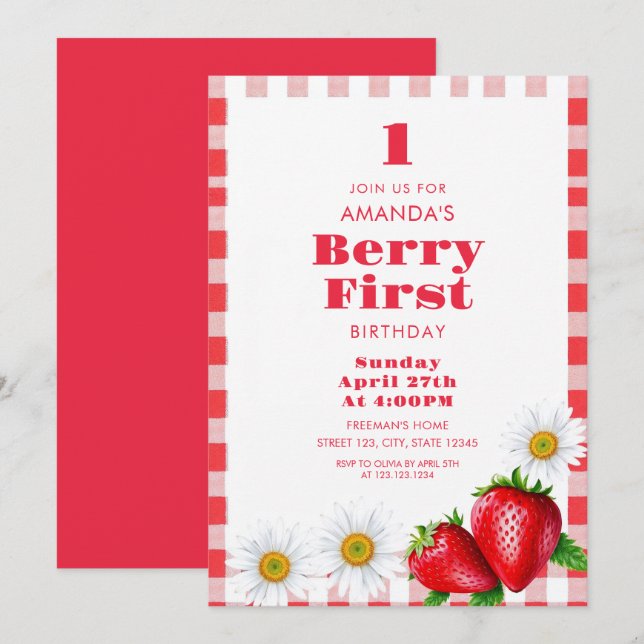 Invitación Clásico Red Gingham Strawberries Chica 1er cumplea (Anverso / Reverso)