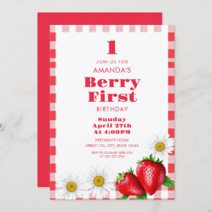 Invitación Clásico Red Gingham Strawberries Chica 1er cumplea