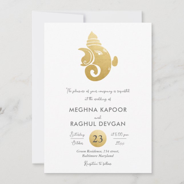 Invitación Clásico Relieve metalizado dorado Faux Ganesha Bod (Anverso)