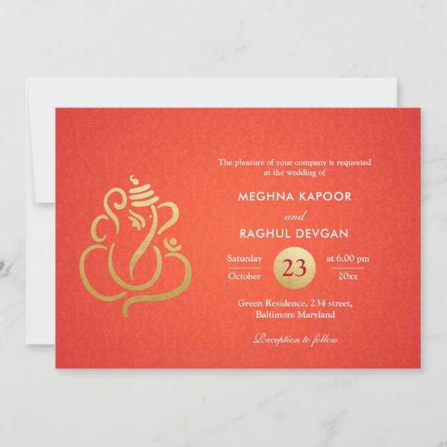 Invitación Clásico Relieve metalizado dorado Faux Ganesha Dam (Anverso)