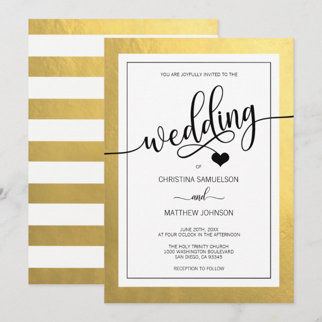 Invitación Clásico Relieve metalizado dorado negro y Boda del (Anverso / Reverso)