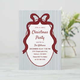 Invitación Clásico Rojo Azul Rayas y Marco de Lazo de Navidad