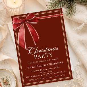 Invitación Clásico Rojo Dorado Coquette Lazo Fiesta de Navida