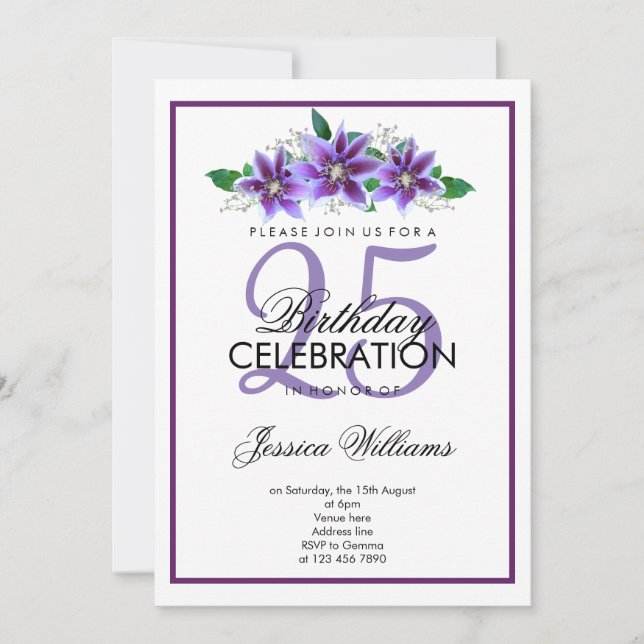 Invitación Clásico Romantic Purple Clematis Cumpleaños (Anverso)