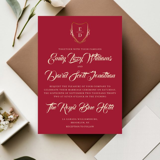 Invitación Clásico Romántico Crimson Red Monograma Elegante (Subido por el creador)