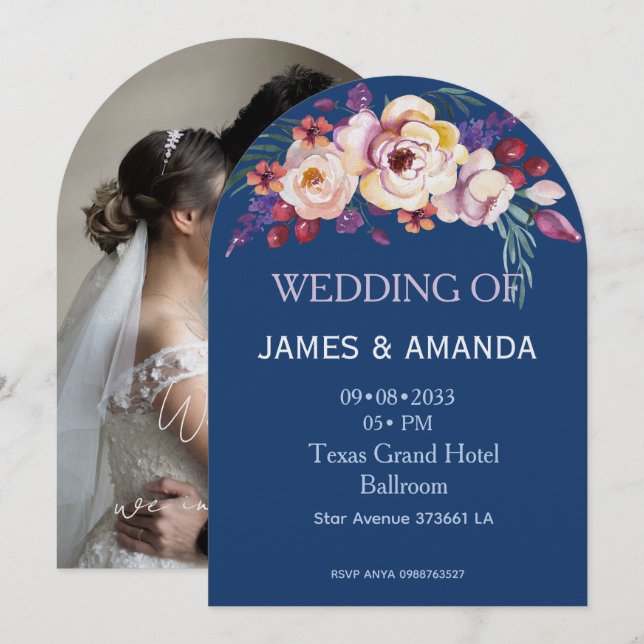 Invitación Clásico Romántico Personalizado Azul  (Anverso / Reverso)