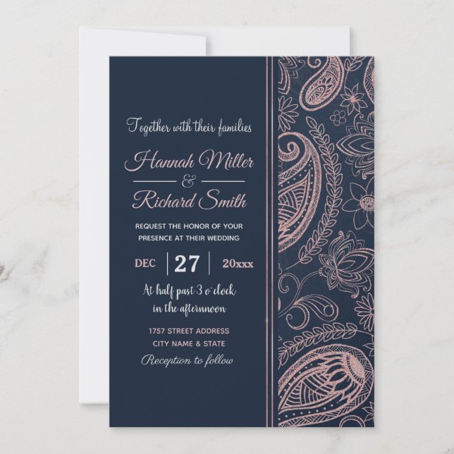 Invitación Clásico Rosa Azul Purpurina de oro Paisley Floral (Anverso)