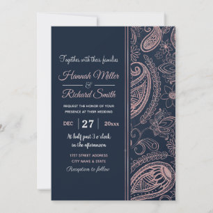 Invitación Clásico Rosa Azul Purpurina de oro Paisley Floral