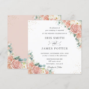 Invitación Clásico Rosa Melocotón Marfil Floral Cuadrado de B