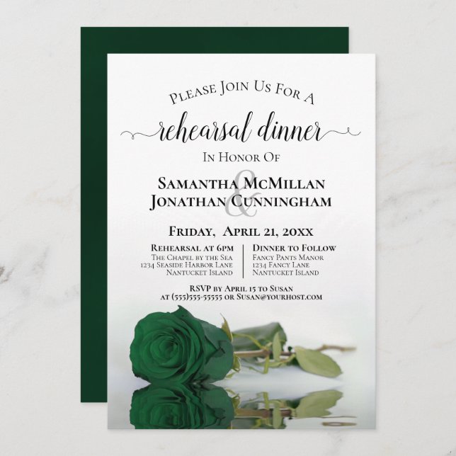 Invitación Clásico Rosa verde esmeralda ensayo Boda cena (Anverso / Reverso)