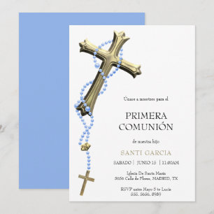 Invitación Clásico Rosario Azul y Cruz de Oro Comunión