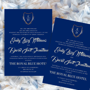 Invitación Clásico Royal Blue Golden Monogramed Eleged