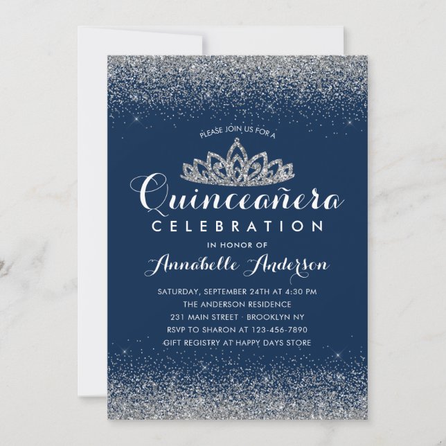Invitación Clásico Royal Blue Quinceañera Silver Tiara Purpur (Anverso)