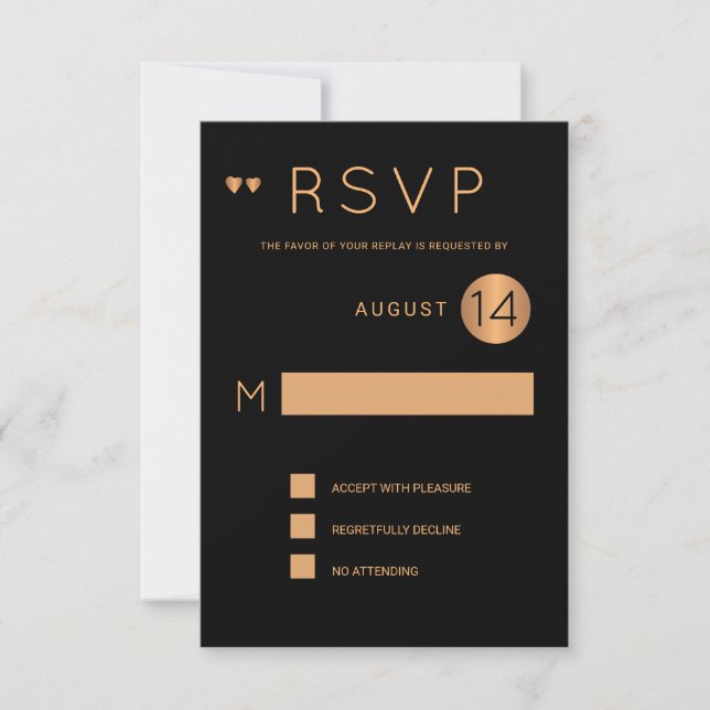 Invitación Clásico rsvp de boda de cobre metálico negro forma (Anverso)