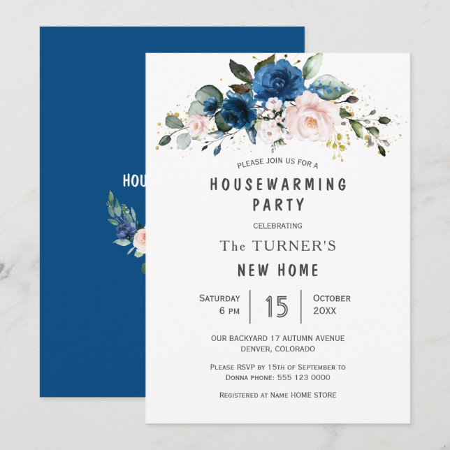 Invitación Clásico Rubor Azul Floral Azul Fiesta de calentami (Anverso / Reverso)