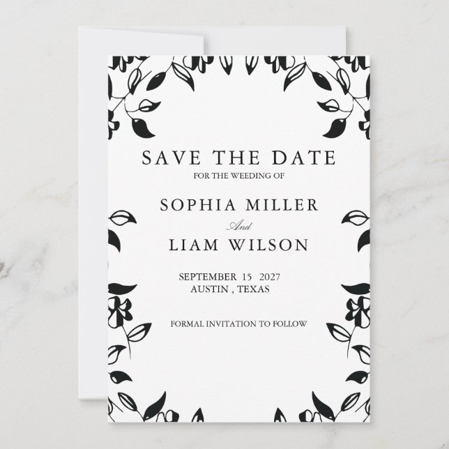 Invitación Clásico Save the Date floral de BODAS en blanco y  (Anverso)