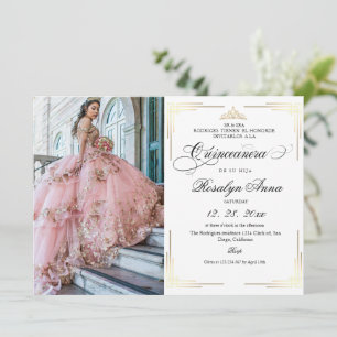 Invitación Clásico Script de Oro Blanco Foto Quinceañera