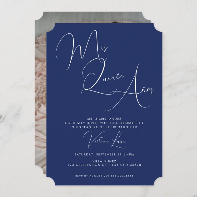 Invitación Clásico Script Royal Blue Birceañera (Anverso / Reverso)