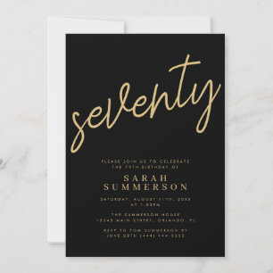 Invitación Clásico Script Setenta Negro Oro Cumpleaños 70
