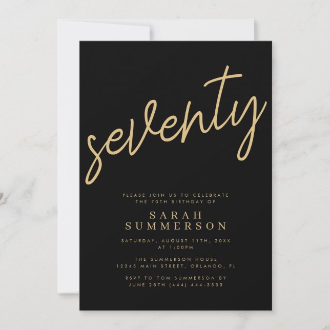 Invitación Clásico Script Setenta Negro Oro Cumpleaños 70 (Anverso)