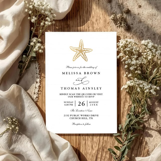 Invitación Clásico Simple Concha Dorado Elegante Código QR Bo (Subido por el creador)