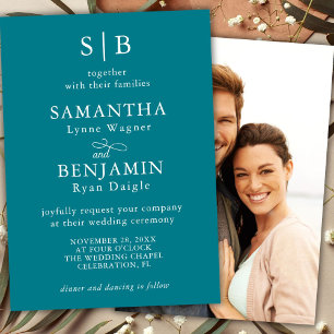 Invitación Clásico Teal Monograma Foto Boda