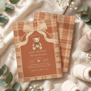 Invitación Clásico Teddy Bear a Cuadros Baby Shower Preppy