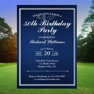 Invitación Clásico Tema Golf Blanco Azul 50 cumpleaños