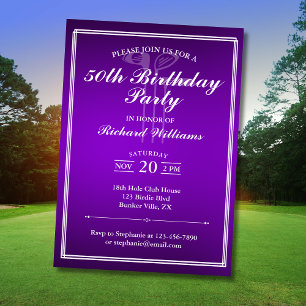 Invitación Clásico Tema Golf Morado Blanco 50 cumpleaños