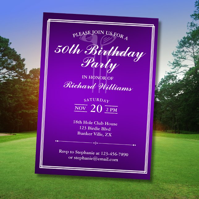 Invitación Clásico Tema Golf Morado Blanco 50 cumpleaños (Subido por el creador)