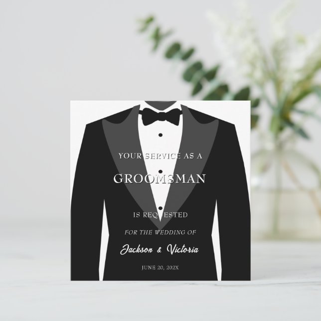 Invitación Clásico Tuxedo Groomsman (Anverso de pie)