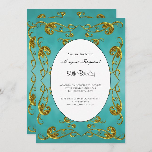 Invitación Clásico Verde azulado de la Fiesta del Cumpleaños  (Anverso / Reverso)