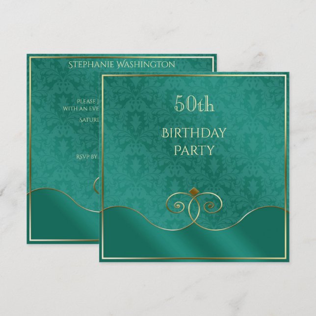 Invitación Clásico Verde azulado y dorado Swirls, 50º cumplea (Anverso / Reverso)
