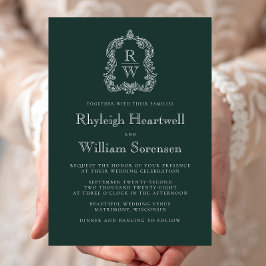 Invitación Clásico Verde Bosque Cresta de Monograma de Boda