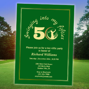 Invitación Clásico Verde Dorado Golfista Cumpleaños 50 