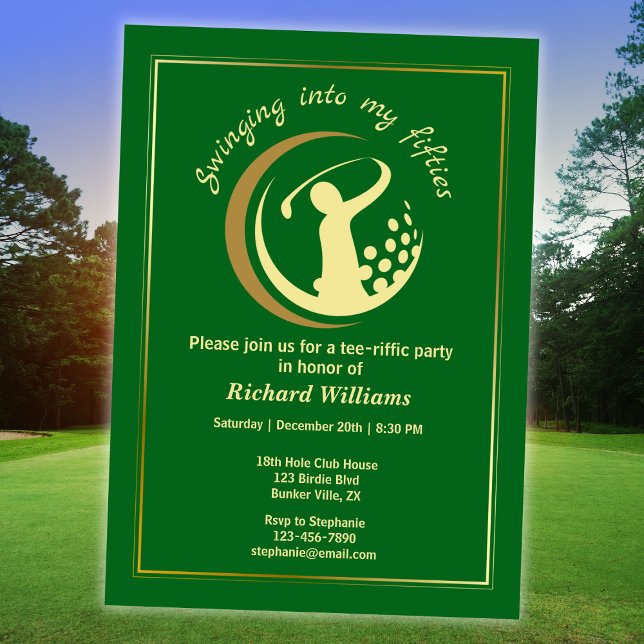 Invitación Clásico Verde Dorado Jugador de Golf Cumpleaños 50 (Subido por el creador)