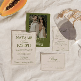 Invitación Clásico Verde Olivo Dinero Antiguo Retro Lujo Boda