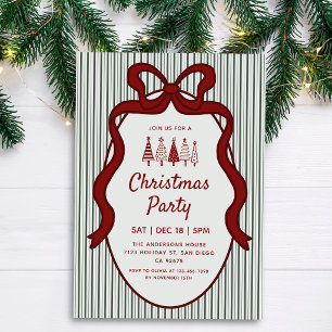 Invitación Clásico Verde Oscuro Rayas y Lazo Rojo Navidad