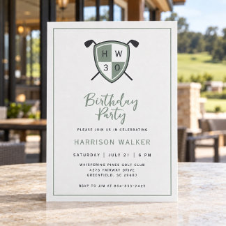 Invitación Clásico Verde Salvia Cresta de Golf Cumpleaños 30