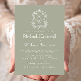 Invitación Clásico Verde Salvia Monograma Cresta Boda