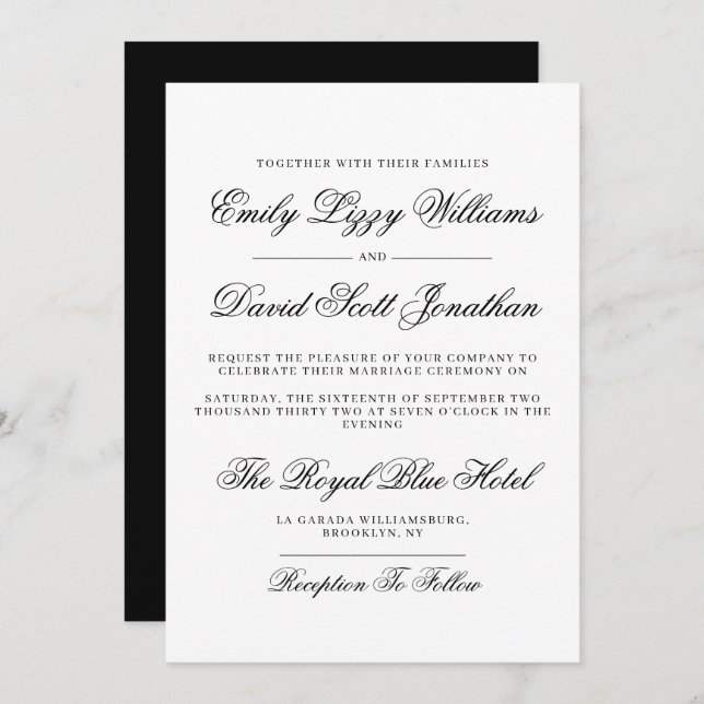 Invitación Clásico Vintage Black Script Formal (Anverso / Reverso)