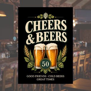 Invitación Clásico Vintage Cheers & Beers Cumpleaños 50 Hombr