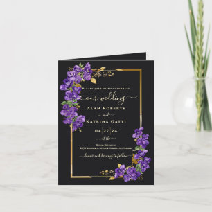 Invitación Clásico Violeta Floral Negro Marco Dorado Plegado