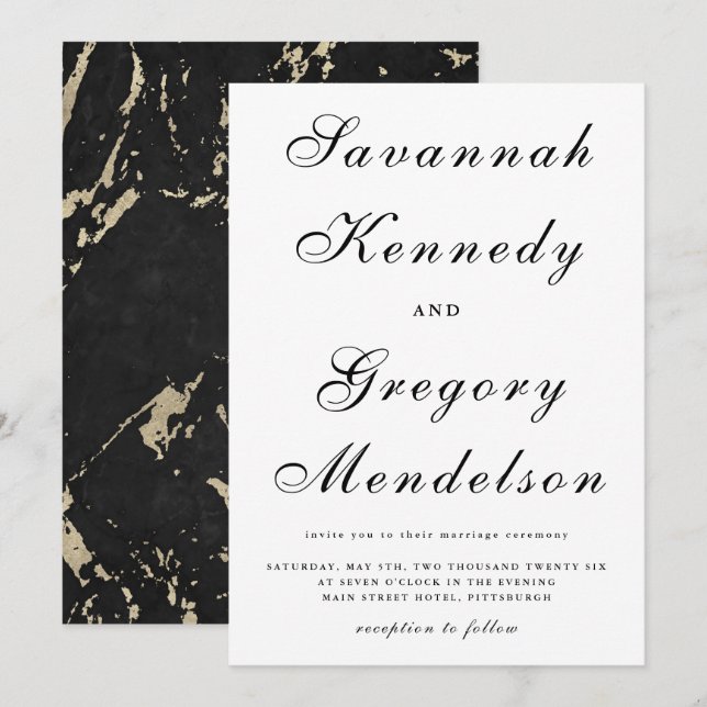 Invitación Clásico y elegante Boda de Mármol de Faux Gold (Anverso / Reverso)