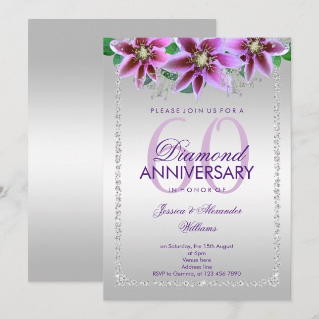Invitación Clásicos Diamantes y Flores 60° Aniversario Boda (Anverso / Reverso)