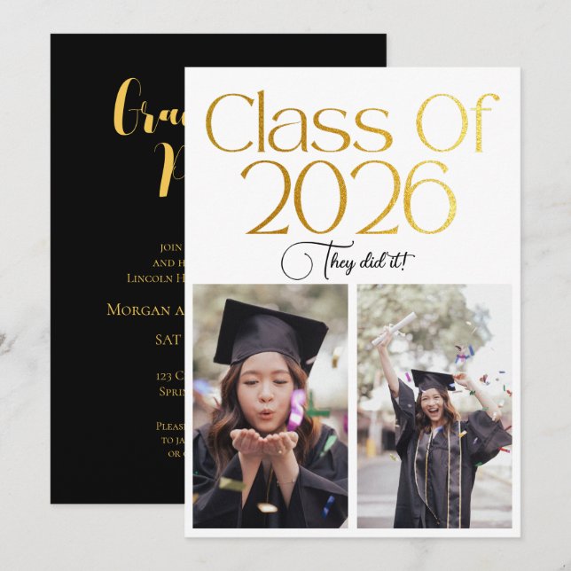Invitación Class of 2026 2 Photo Twins Black Gold Typography (Anverso / Reverso)