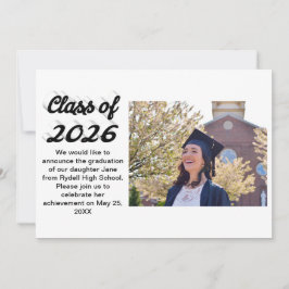 Invitación Class of 2026 black script graduation photo 