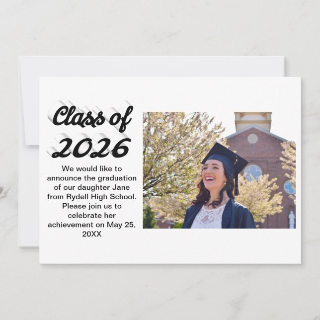 Invitación Class of 2026 black script graduation photo  (Anverso)