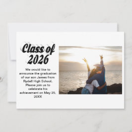 Invitación Class of 2026 black text graduation photo 