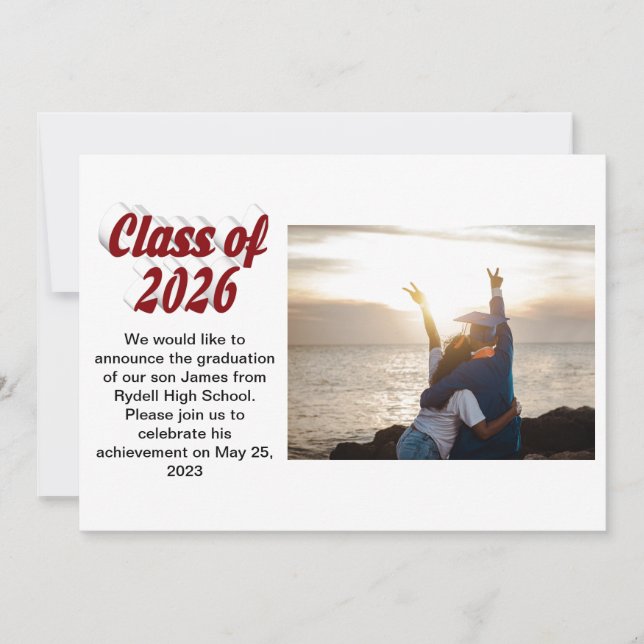 Invitación Class of 2026 burgundy text  graduation photo  (Anverso)
